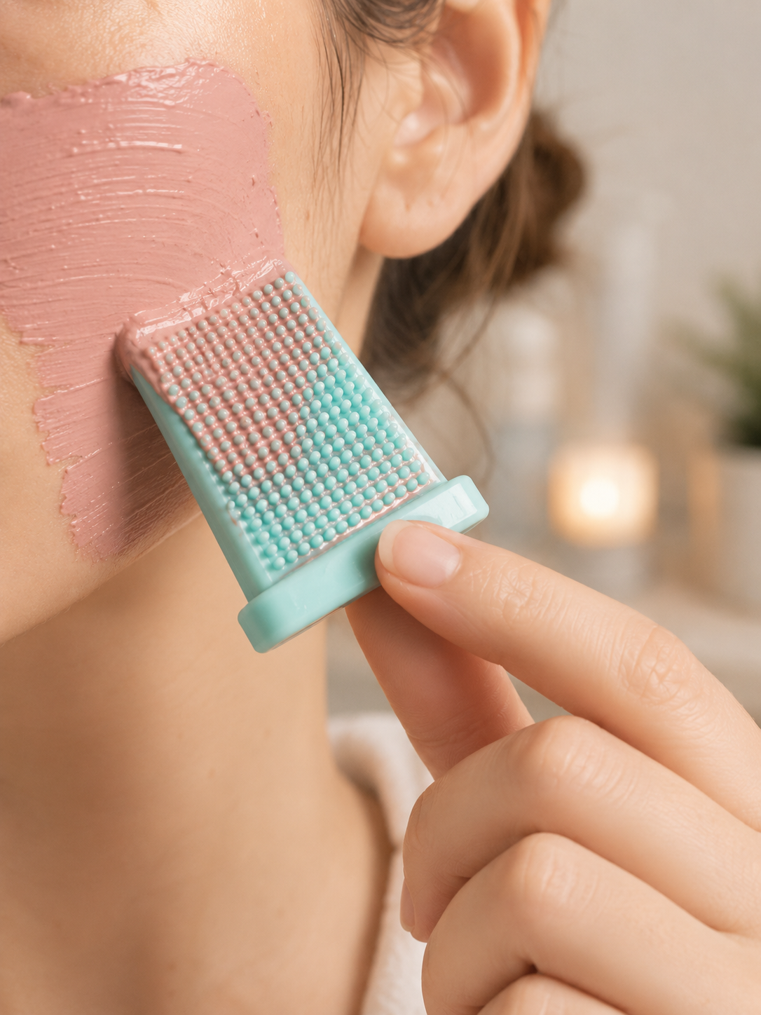 cepillo de silicona aplicando mascarilla facial de forma uniforme