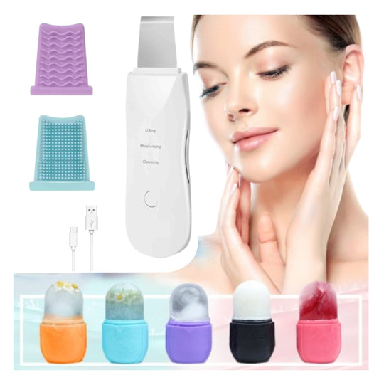 kit completo de limpieza facial: dispositivo ultrasónico, 2 cepillos de silicona, cable USB y molde de hielo facial